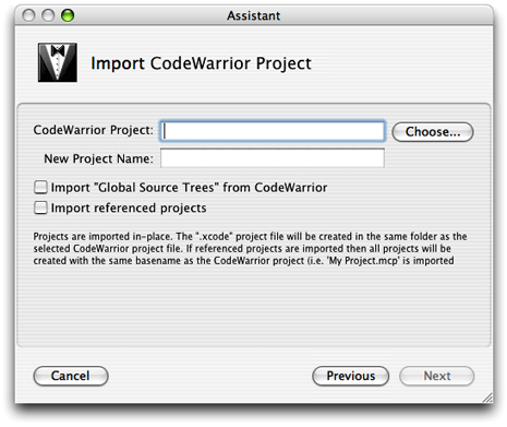 The Import CodeWarrior Project pane