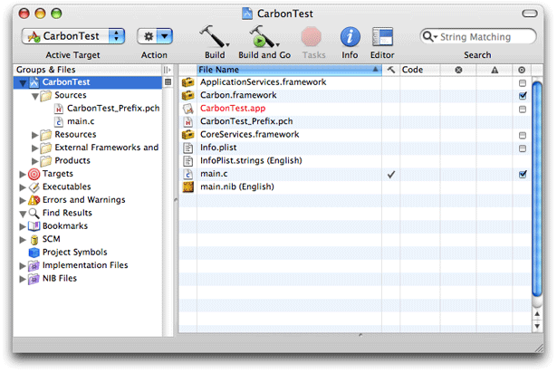 Xcode project window for a simple Carbon application