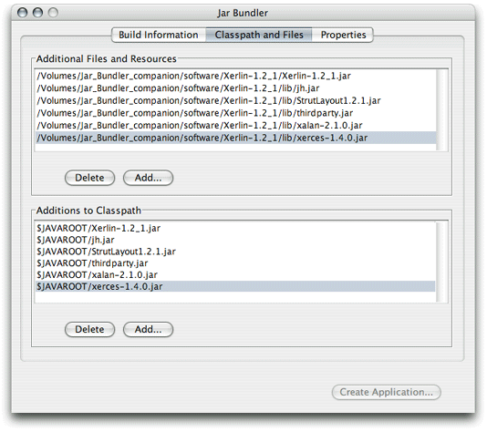 Classpath and Files pane of Jar Bundler configured to package Xerlin