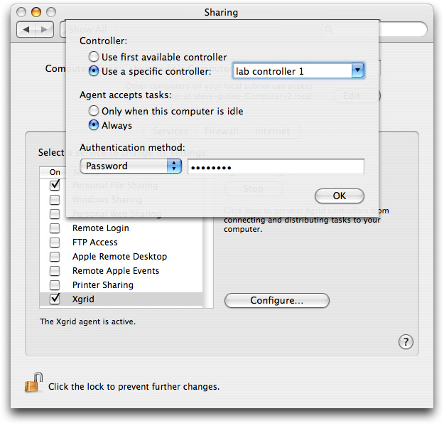 System preferences, sharing panel, agent pane