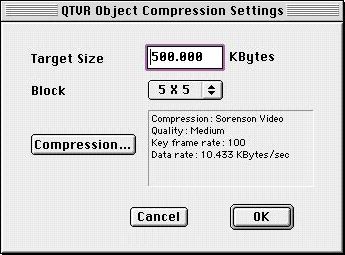 The new QTVR Object Compression user Settings dialog box