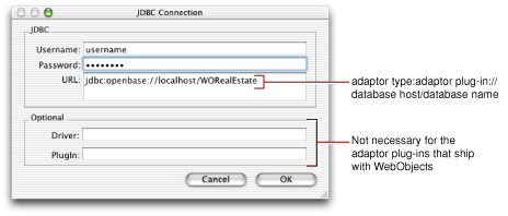 JDBC Connection window with OpenBase connection information