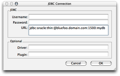 JDBC Connection window with Oracle connection information