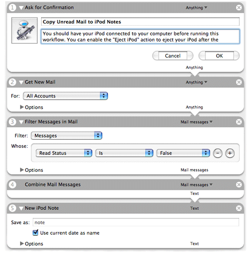 The Copy Unread Mail to iPod Notes workflow