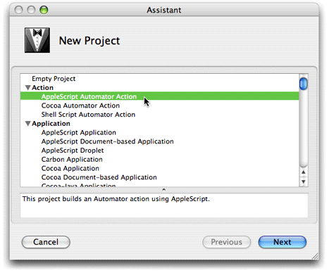 Selecting the AppleScript action project template