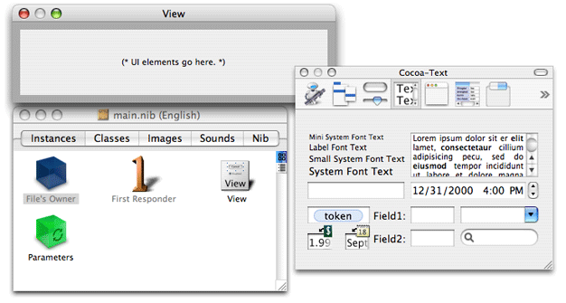 The nib file window, initial action view, and palette