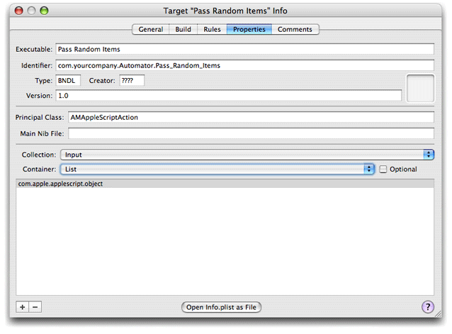 Automator property inspector—Input collection