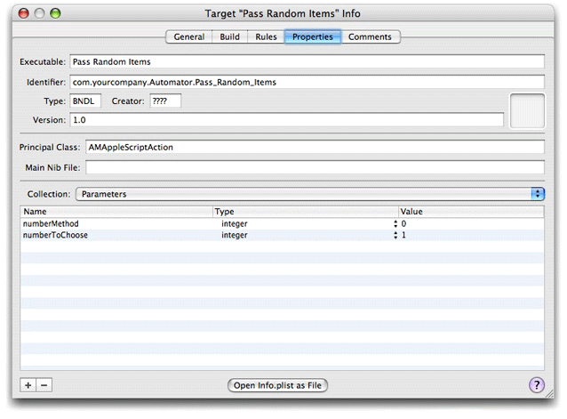 The default parameters for the Pass Random Items action