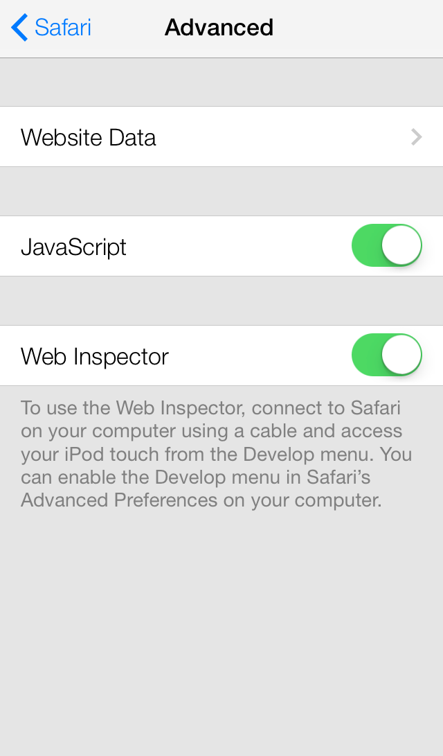 A screenshot of the Advanced section of Safari settings. The option for Web Inspector is switched to On.