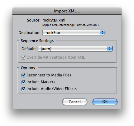 Import XML dialog