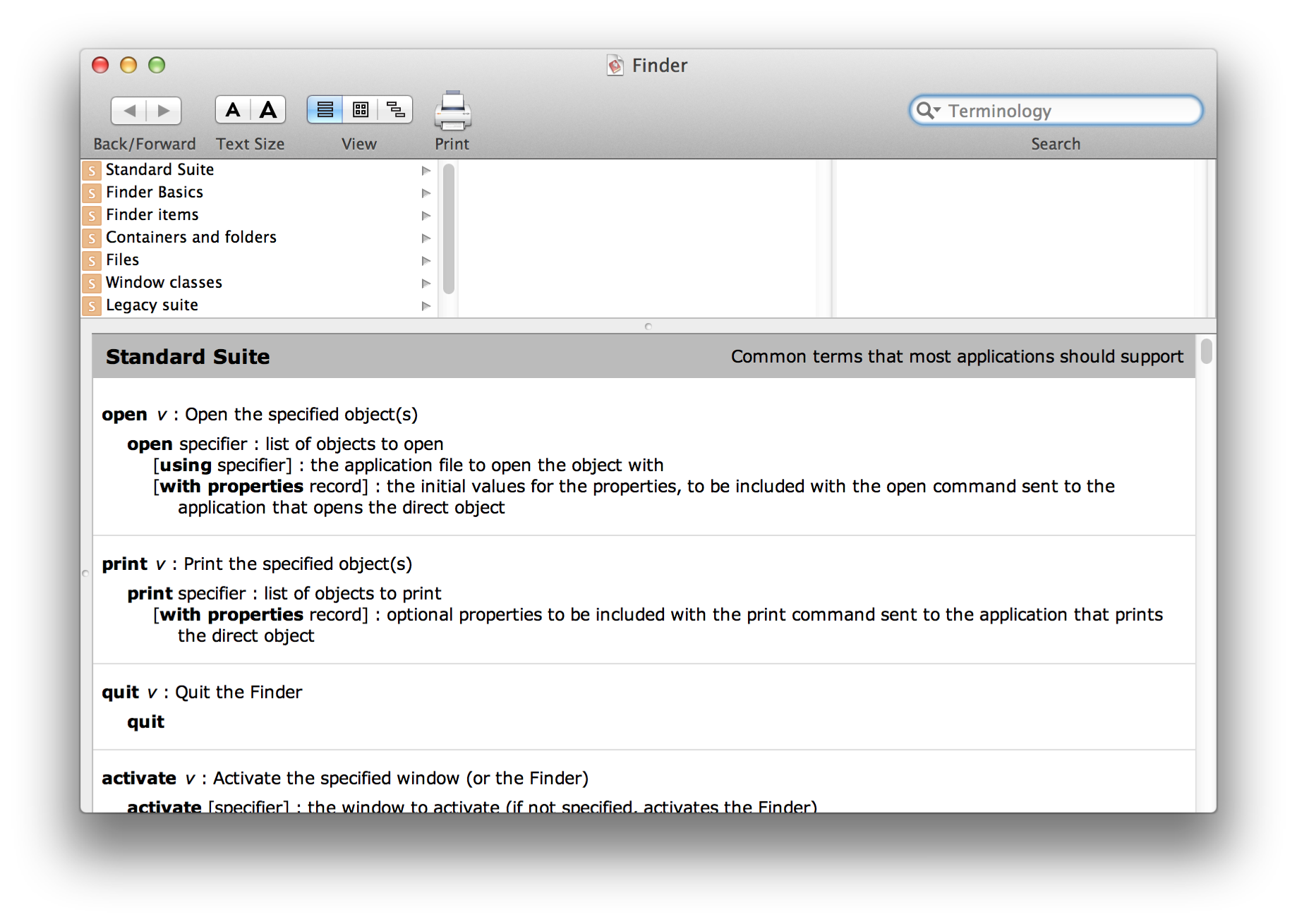 The Finder dictionary in Script Editor (in OS X v10.5)