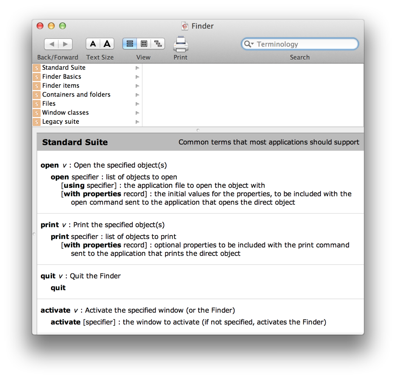 The Finder dictionary in Script Editor (in OS X v10.5)