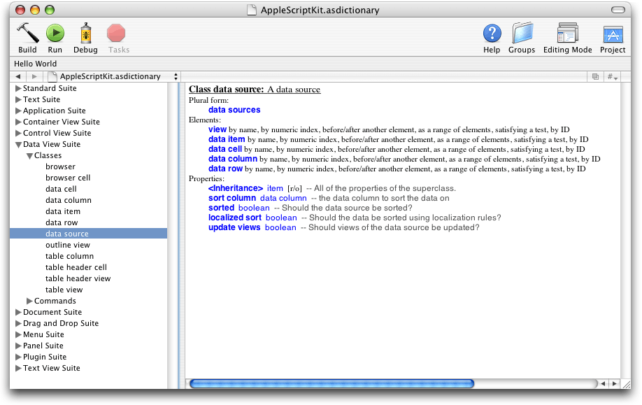 The AppleScript Studio scripting dictionary in Xcode