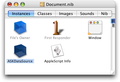 The Document.nib window with a data source object