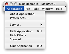 Mail Search’s menu nib in Interface Builder, showing the application menu