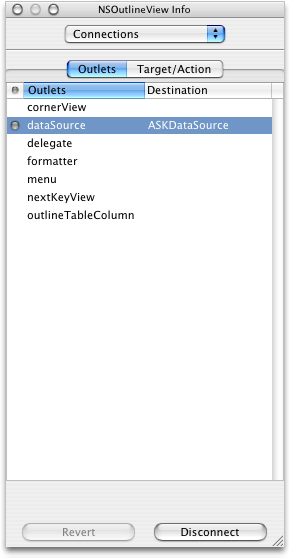 The Info window for the outline view after connecting a data source outlet