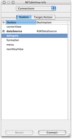 The Info window for the table view after connecting a data source outlet