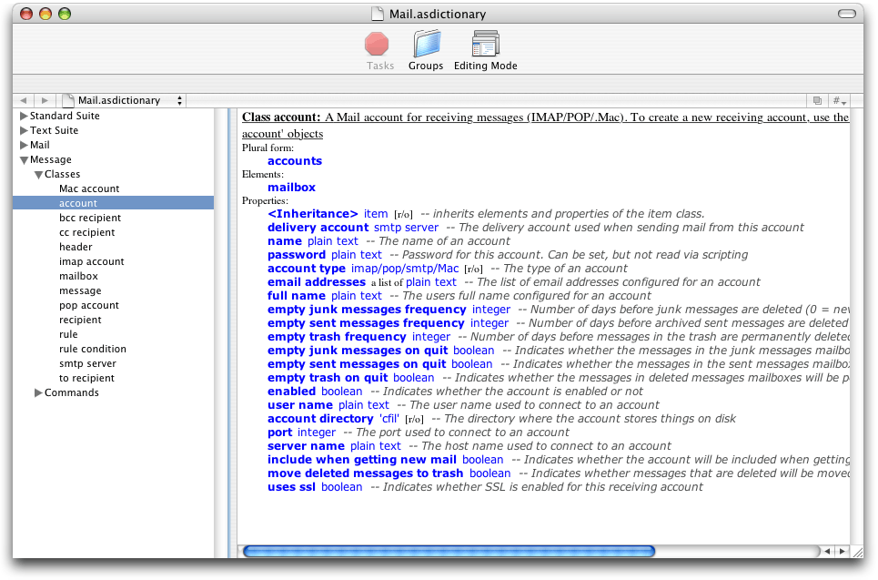 The Mail application’s scripting dictionary in an Xcode window