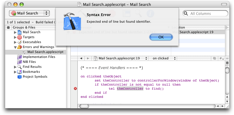 A syntax error in an Xcode script editor window