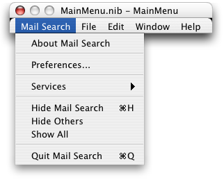 Mail Search’s menu nib in Interface Builder, showing the application menu