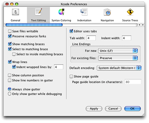 Setting Text Editing preferences in Xcode