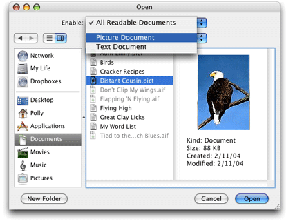 An Open dialog that uses a list to filter PICT files