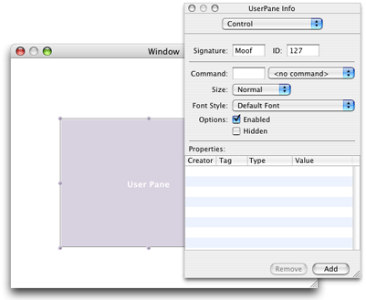 Specifying the user pane signature and HIView ID in the Info window