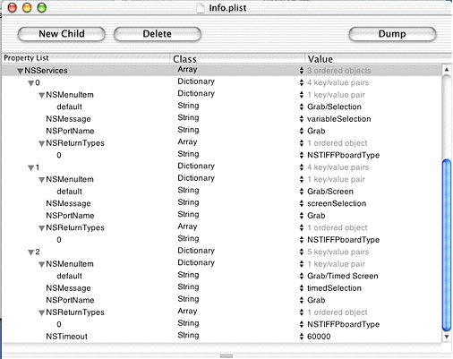 The NSServices property for the Grab application