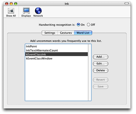 A custom word list in the Ink preferences pane
