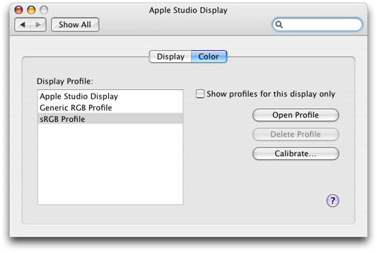 The Color pane of the Displays system preference