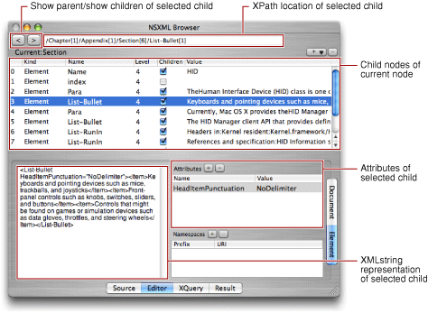 The Editor pane of the XMLBrowser application (Element subpane)