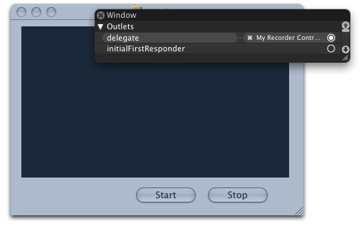 Connecting the window to the MyRecorderController object as the delegate outlet