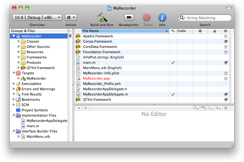 The Xcode project window for MyRecorder