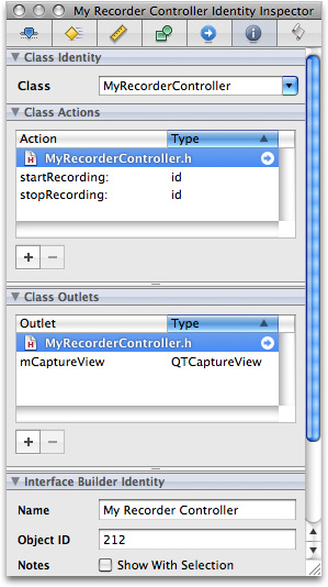 Class actions and outlets specified in the identity inspector