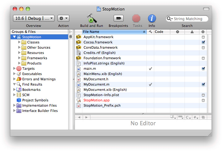 The StopMotion Xcode project window