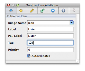 Attributes for a toolbar item