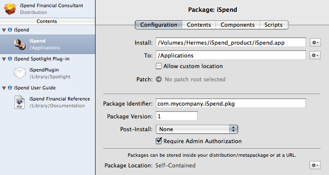 Component Package Configuration pane