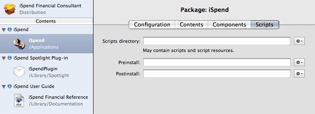 Component Package Scripts pane