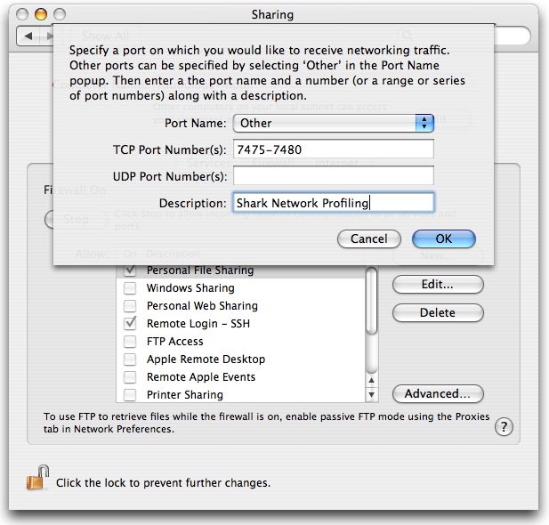 Sharing Preferences - Firewall Tab - Adding a New Port Range