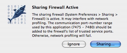 The Sharing Firewall Warning Dialog allows you to add a firewall rule for Shark profiling