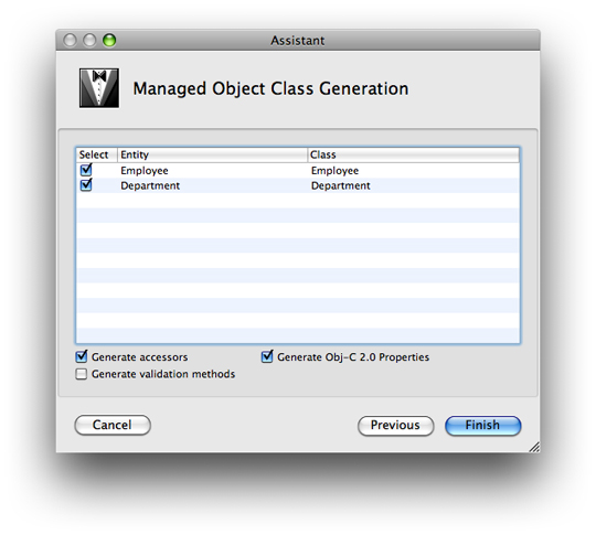 The Managed Object Class Generation pane