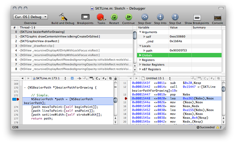 Viewing disassembled code in the debugger