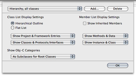 The class browser options dialog