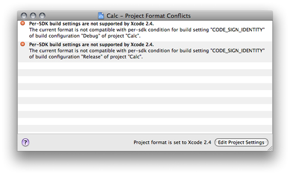 The project format conflicts window