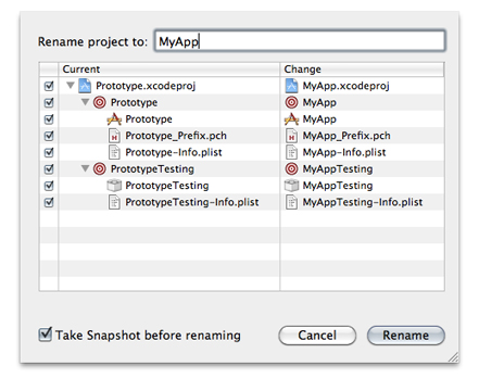 Project-rename dialog, which lists the items to be renamed, both before and after the rename operation takes place.