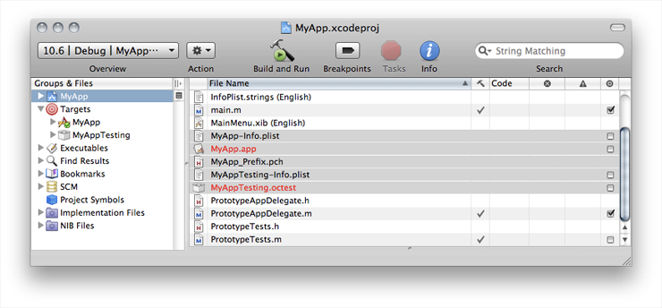 Project window illustrating a multi-target Cocoa project after a project rename. The detail view highlights files that were renamed.