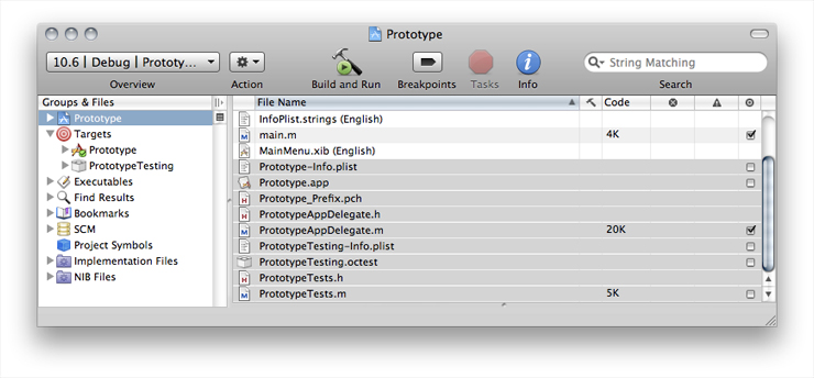 Project window illustrating a multi-target Cocoa project before a project rename. The detail view highlights files whose names have the project name embedded in them (not all of them are renamed).