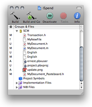 The SCM group in an Xcode project whose project file needs to be updated