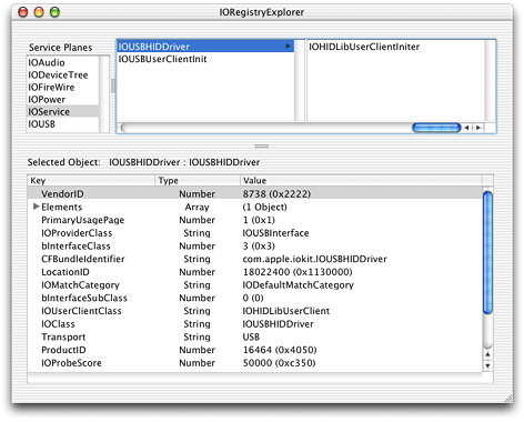 Some keys and values for a HID class device, shown iin I/O Registry Explorer