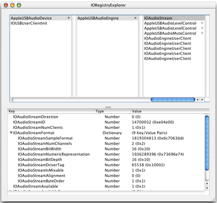 A USB audio driver displayed in the IORegistryExplorer application